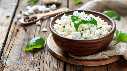 Bowl with cottage cheese on wooden table