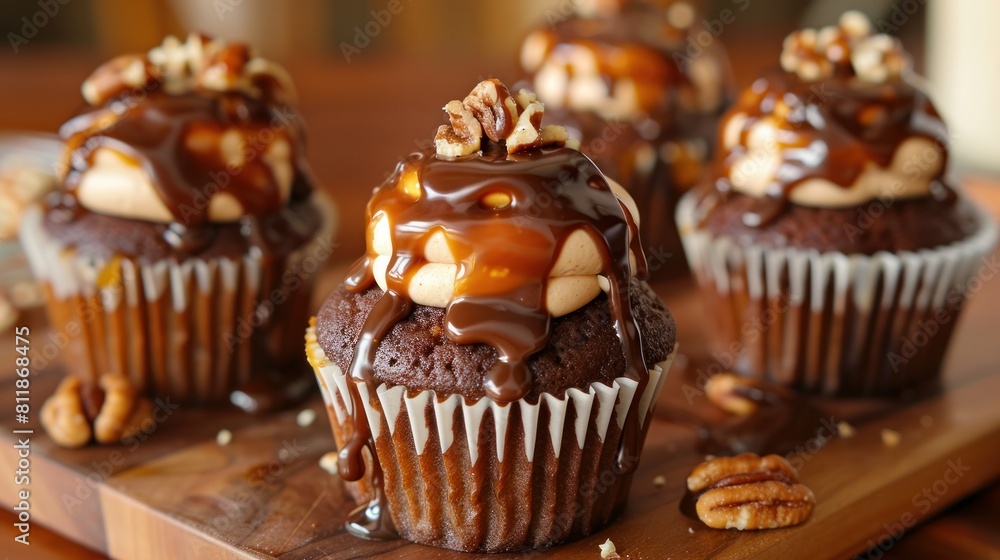 Cupcakes with chocolate caramel, nuts, and butterscotch syrup Cupcakes with chocolate caramel, nuts, and butterscotch syrup
