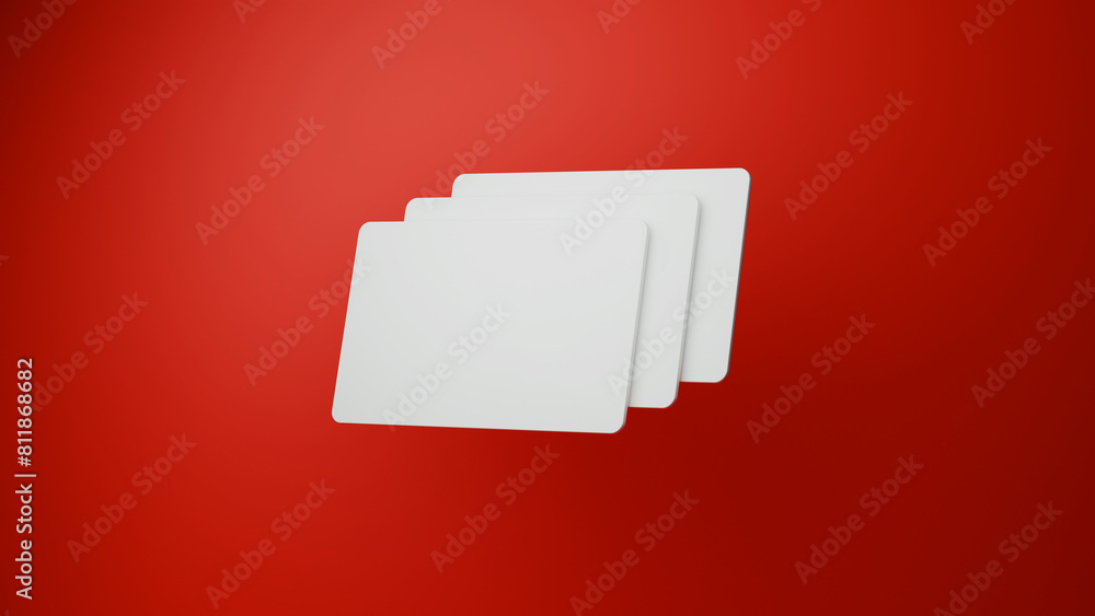 Three Realistic Blank Plastic Credit Cards Flying In The Air On A Red Three realistic blank plastic credit cards flying in the air on a red