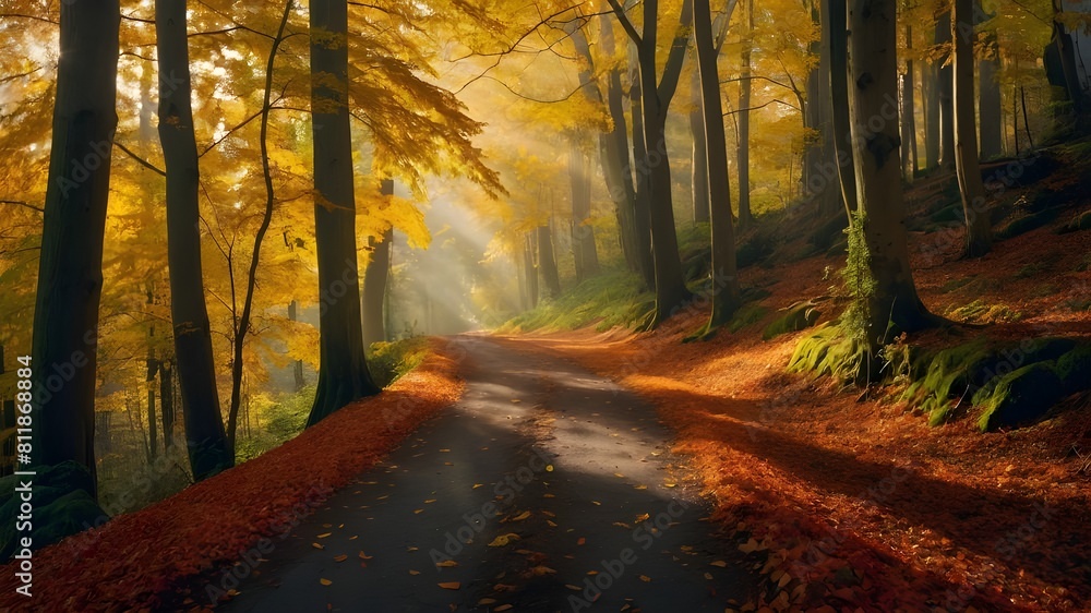 Morning Strolls in the Forest, Exploring Nature's Beauty Amidst Towering Trees and Verdant Foliage, Bathed in Soft Sunlight and Misty Fog, Witnessing the Spectacle of Autumn's Changing Landscape