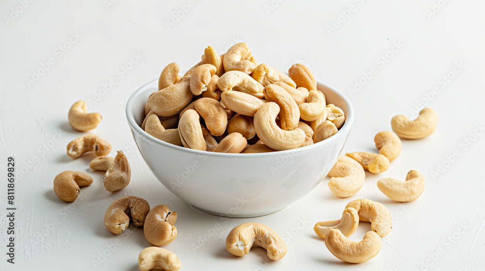 Bowl with tasty cashew nuts on white background