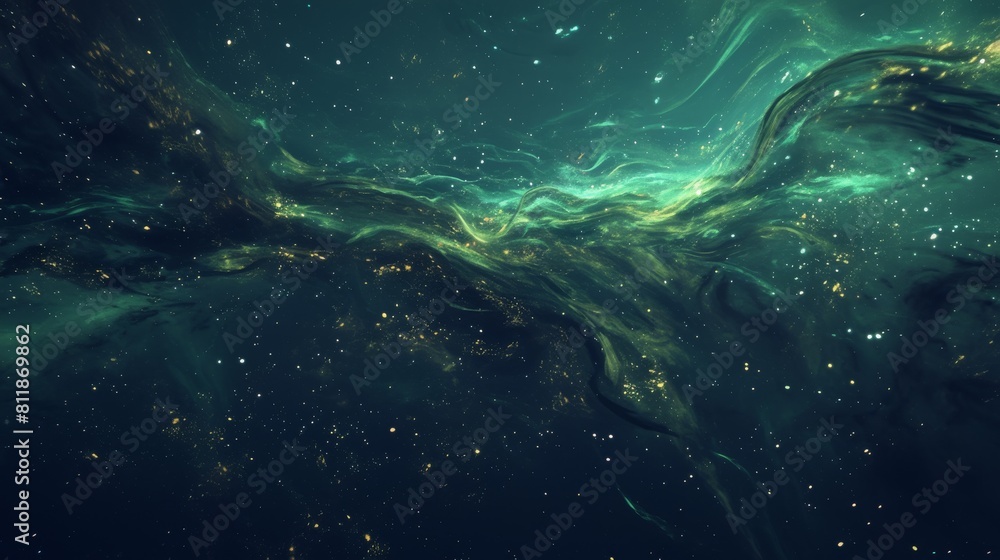 Fototapeta premium background with space. A green and purple intertwined aurora in the night sky, surrounded by the twinkling stars in the dark of the universe.