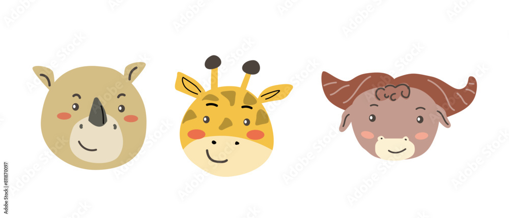 African animals faces set. Cute doodle animal portraits. Hand drawn characters. Tropical and jungle cartoon heads of rhino, giraffe, buffalo. Wild and exotic pets. African animals faces set. Cute doodle animal portraits. Hand drawn characters. Tropical and jungle cartoon heads of rhino, giraffe, buffalo. Wild and exotic pets.