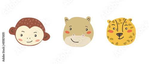 African animals faces set. Cute doodle animal portraits. Hand drawn characters. Tropical and jungle cartoon heads of monkey, hippo and leopard. Wild and exotic pets.