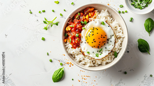 Bowl with tasty egg and rice on white background