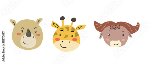 African animals faces set. Cute doodle animal portraits. Hand drawn characters. Tropical and jungle cartoon heads of rhino  giraffe  buffalo. Wild and exotic pets.