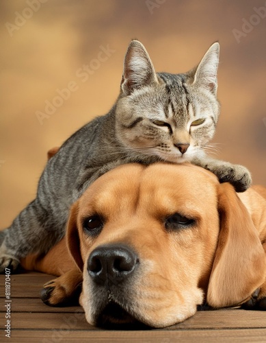 A cat napping on top of a large dog