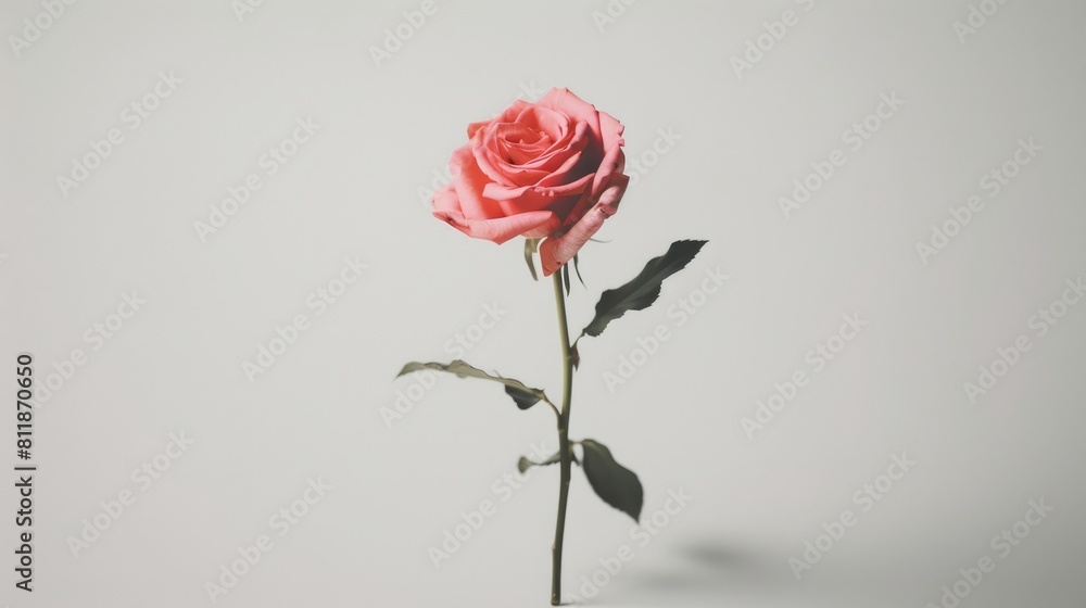 A solitary graceful pink rose stands alone against a pure white backdrop A solitary graceful pink rose stands alone against a pure white backdrop
