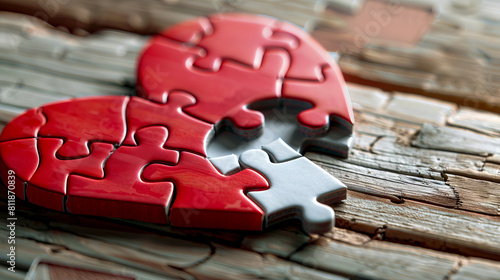 A red puzzle piece with a missing piece on top of a wooden table. photo