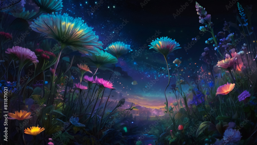 Fototapeta premium A beautiful fairytale enchanted forest at night with a big moon in the sky illuminating trees and great vegetation. 