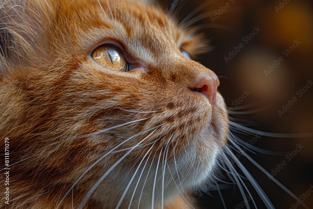 Intimate close-up of an orange tabby cat's face highlighting its deep, thoughtful eyes and detailed fur texture