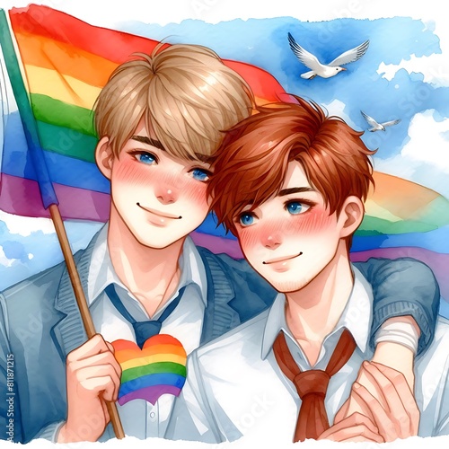 Watercolor Illustration Depicting Two Boys Holding a Rainbow Flag, Symbolizing Unity and Pride within the LGBTQ+ Community. photo