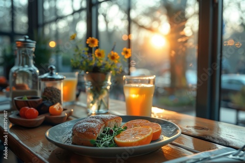 Warm sunlight bathes a rustic breakfast table setting with fresh oranges and flowers, invoking a sense of comfort and hominess photo