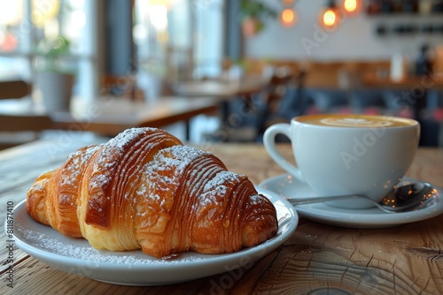 A warm scene of a fresh baked croissant with a dusting of powdered sugar on a plate next to a cup of artfully presented cappuccino coffee