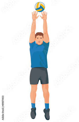 Volleyball player in blue shirt jumps straight with his hands raised high to catch or block the ball