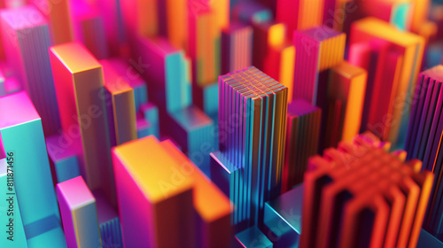 A colorful cityscape made of metal squares. The squares are in different colors and sizes  and they are arranged in a way that creates a sense of depth and dimension. Scene is vibrant and energetic