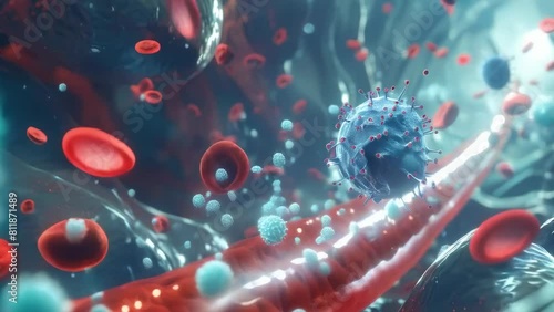 High-definition 3D render of viruses and blood cells within the human bloodstream, illustrating the interaction between pathogens and the immune system in vivid detail photo