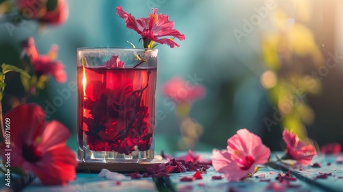 Hibiscus tea on wooden surface photo