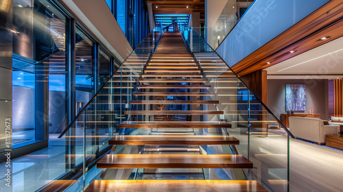 Architecturally stunning staircase with wooden treads and glass sides enhancing the luxury aesthetic of a modern home photo