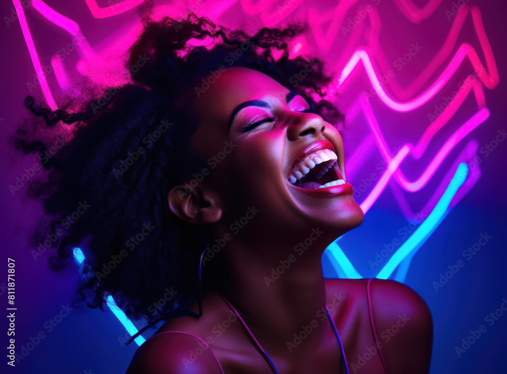 happy smiling african american woman in neon light, portrait, bright lighting light, portrait, close-up happy smiling african american woman in neon light, portrait, bright lighting light, portrait, close-up
