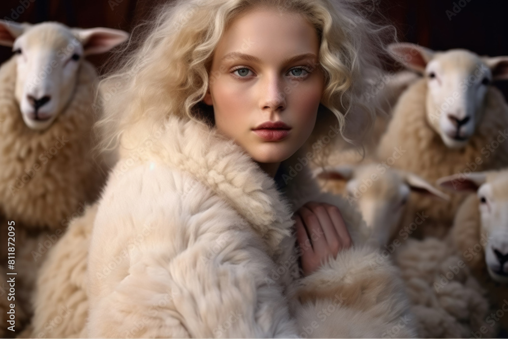 girl model dressed in a faux fur coat against the background of woolen sheep, manufacturers refuse natural fur in clothes, protection of animals and nature girl model dressed in a faux fur coat against the background of woolen sheep, manufacturers refuse natural fur in clothes, protection of animals and nature