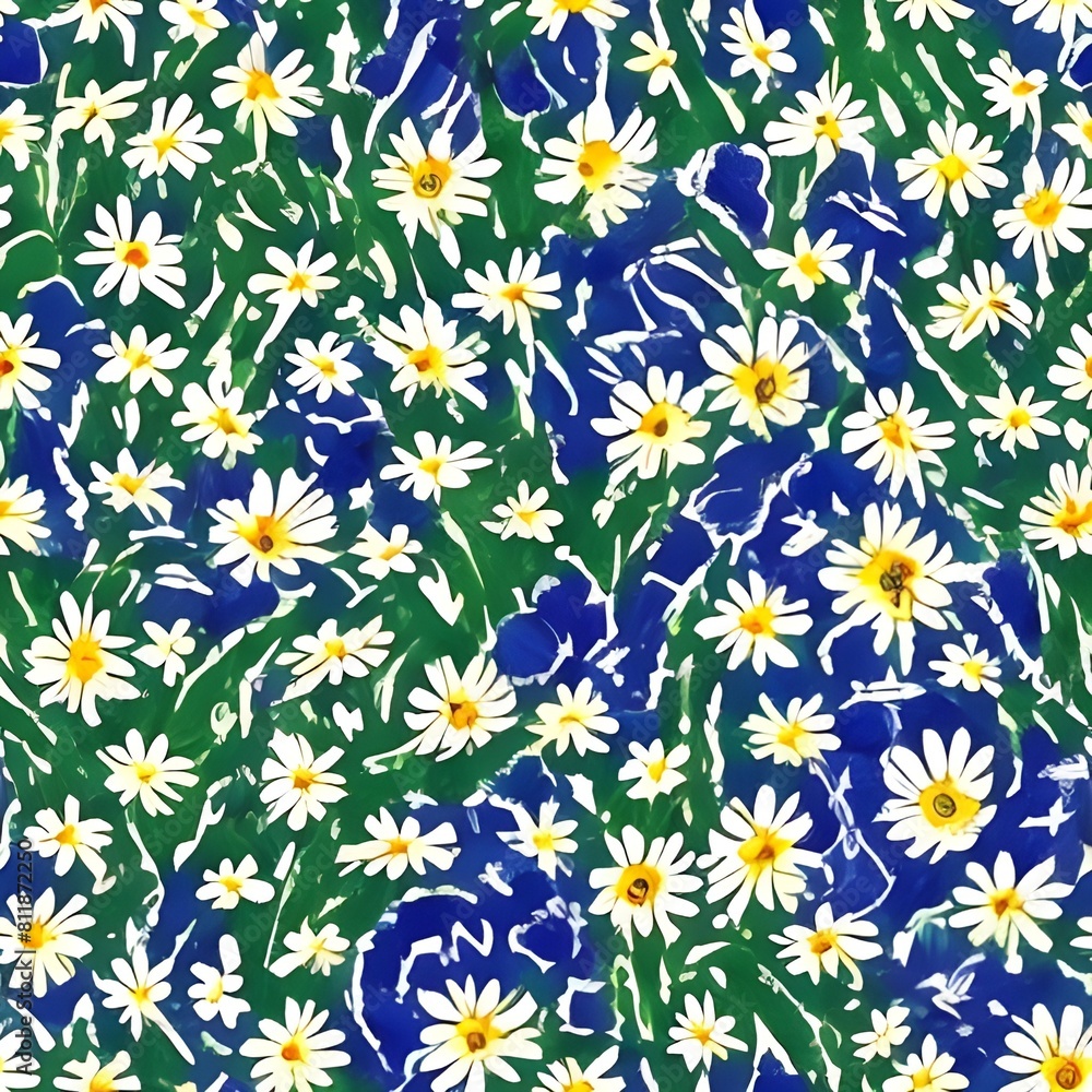 Daisy flower seamless pattern on blue and green background. Floral print with tiny chamomile great for fashion fabric, home decor textile and wallpaper Daisy flower seamless pattern on blue and green background. Floral print with tiny chamomile great for fashion fabric, home decor textile and wallpaper
