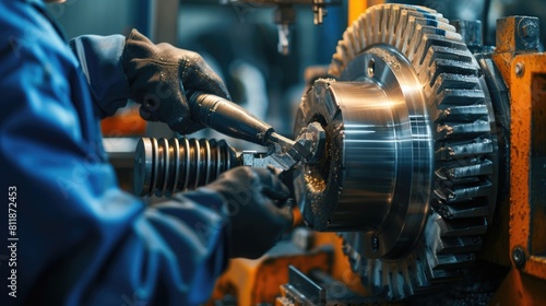 Smart engineer checking iron machine in factory while wearing safety helmet. Professional industrial worker repairing or examining machinery part or turbine machine while holding chart form. AIG42.