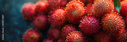 fresh rambutans, including red and yellow varieties, are displayed alongside a vibrant red flower in a close - up shot