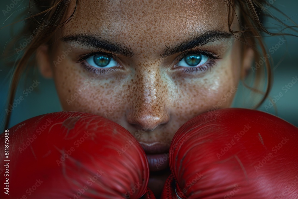 Intense close-up of a woman with blue eyes focusing through her red boxing gloves Intense close-up of a woman with blue eyes focusing through her red boxing gloves
