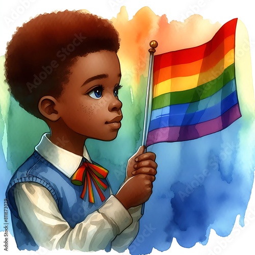 Watercolor Illustration Featuring a Child's Hand Holding a Rainbow Flag, Symbolizing Acceptance and Solidarity with the LGBTQ+ Community. photo