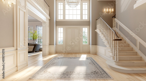 Classic entrance with a beige staircase broad front door and light hardwood floors extending to a high ceiling Timeless elegant setting