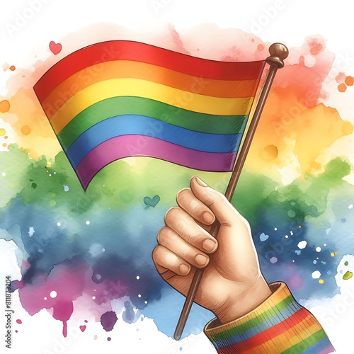 Watercolor Illustration Featuring a Child's Hand Holding a Rainbow Flag, Symbolizing Acceptance and Solidarity with the LGBTQ+ Community. photo