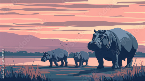 A colorful digital illustration of hippos at a riverbank during sunset  with a serene backdrop.