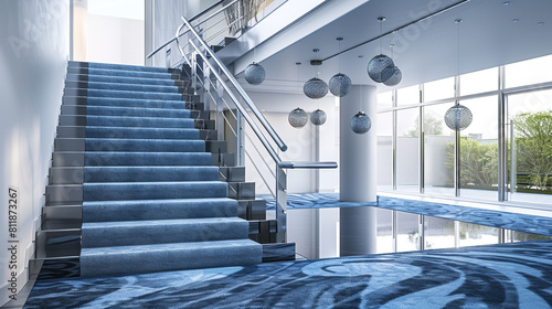Contemporary foyer in a luxury mansion with icy blue carpeted stairs accented by a modern metal railing and a glass floor landing A cluster of minimalist pendant lights provides chic illumination