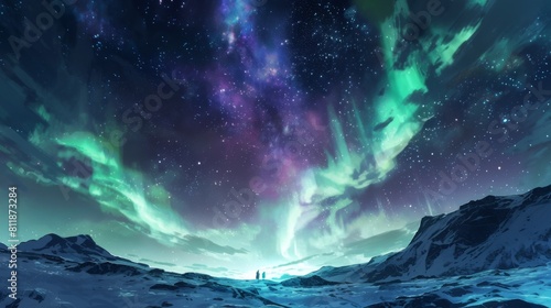 background with space. A green and purple intertwined aurora in the night sky  surrounded by the twinkling stars in the dark of the universe.