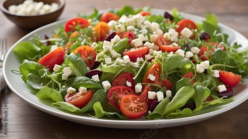A vibrant salad bursting with ripe tomatoes, crisp lettuce, and tangy feta cheese-- ar 