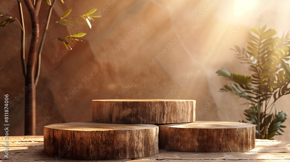 Warmly Lit Natural Wood Podium on Earthy Background for Product Display