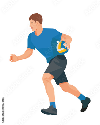 Figure of a professional volleyball player in profile in a blue T-shirt running with a ball in one hand