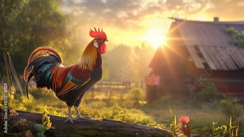 Beautiful rooster on a farm in the rays of the setting sun. Portrait of a rooster with bright plumage. The rooster is resting on the green grass in the rays of the setting sun. Year of the rooster.