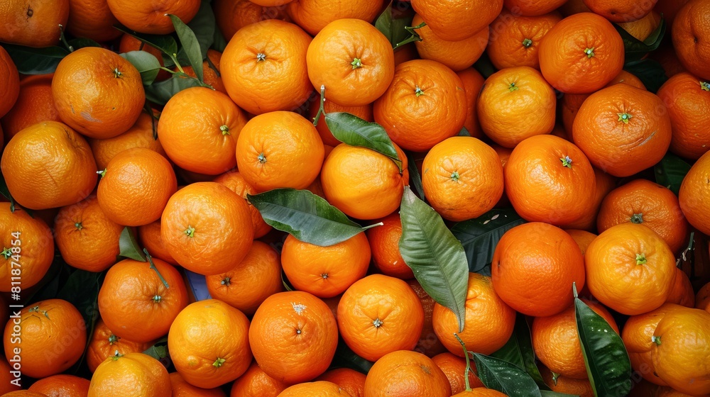 A pile of oranges with leaves on them.
