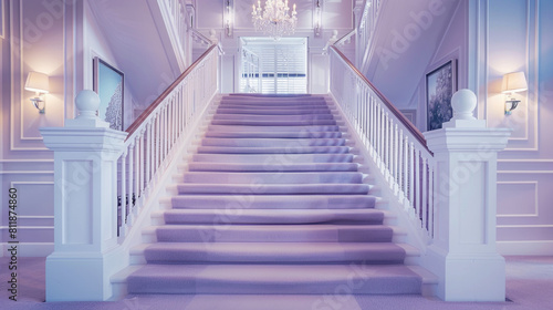 Elegant home entry with pale lavender carpeted stairs accented by white wooden railings and a soft flowing chandelier The walls are adorned with subtle art pieces