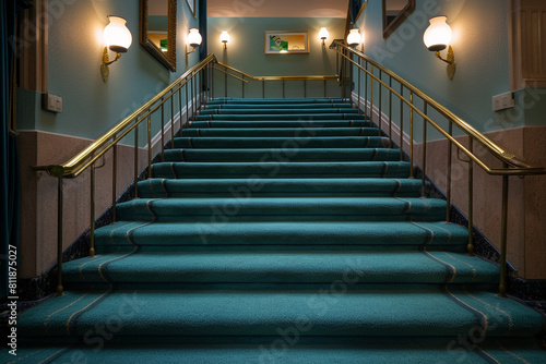 Elegant luxury home entrance with teal carpeted stairs complemented by a polished brass railing and a thick luxurious runner Soft wall lights cast a gentle glow