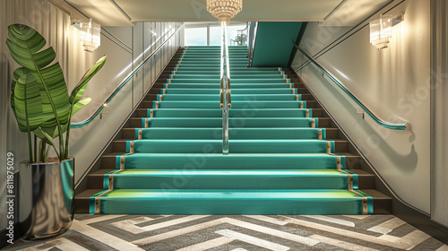 Elegant luxury home entry with turquoise carpeted stairs bordered by a polished nickel handrail and a geometric patterned area rug Overhead a sleek modern chandelier provides soft lighting