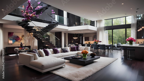 Upscale greatroom.  with floor to celing windows with sheer curtains. sleek modern furniture in netural tones and ultra modern kitchen. Floating staircase to second floor. Fesh vibrant flowers in vase photo