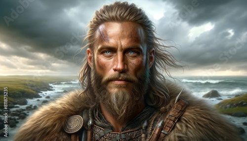 Viking warrior, intense eyes, twilight backdrop photo