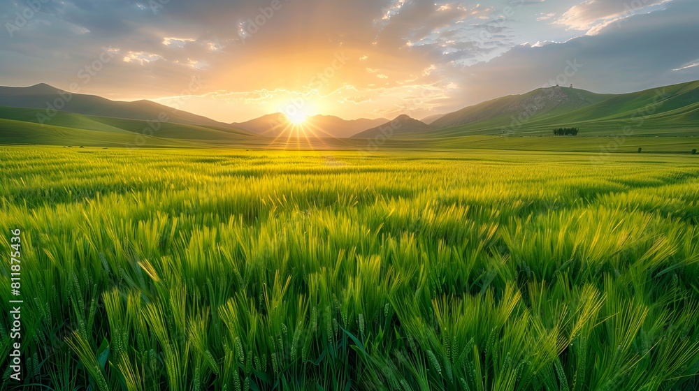 Fototapeta premium A green field with mountains in the background.