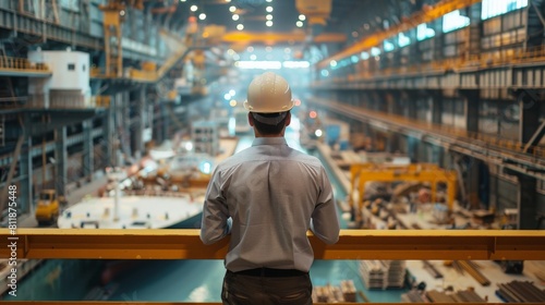 A man in a hard hat looking out over a large industrial shipyard