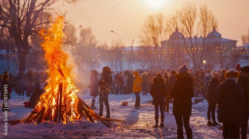A traditional Russian Maslenitsa festival, people gather to celebrate the end of winter with bonfires, games, and the consumption of blini (pancakes). photo