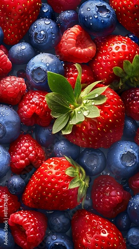 A close up of a bunch of strawberries and blueberries.