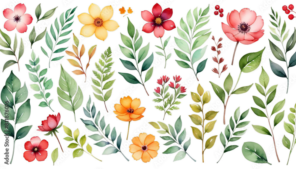 set cute flowers branches leaves watercolor illustrations bear birthday invitation postcard cartoon illustration baby shower greeting card teddy hand-drawn animal element spring tree branch flower